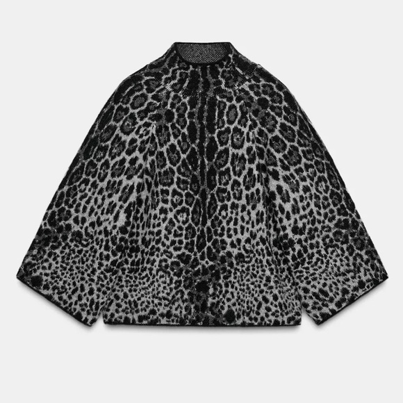 Zara NWT gray black snake skin print 3/4 sleeve wide sleeve knit sweater jumper - Picture 2 of 14